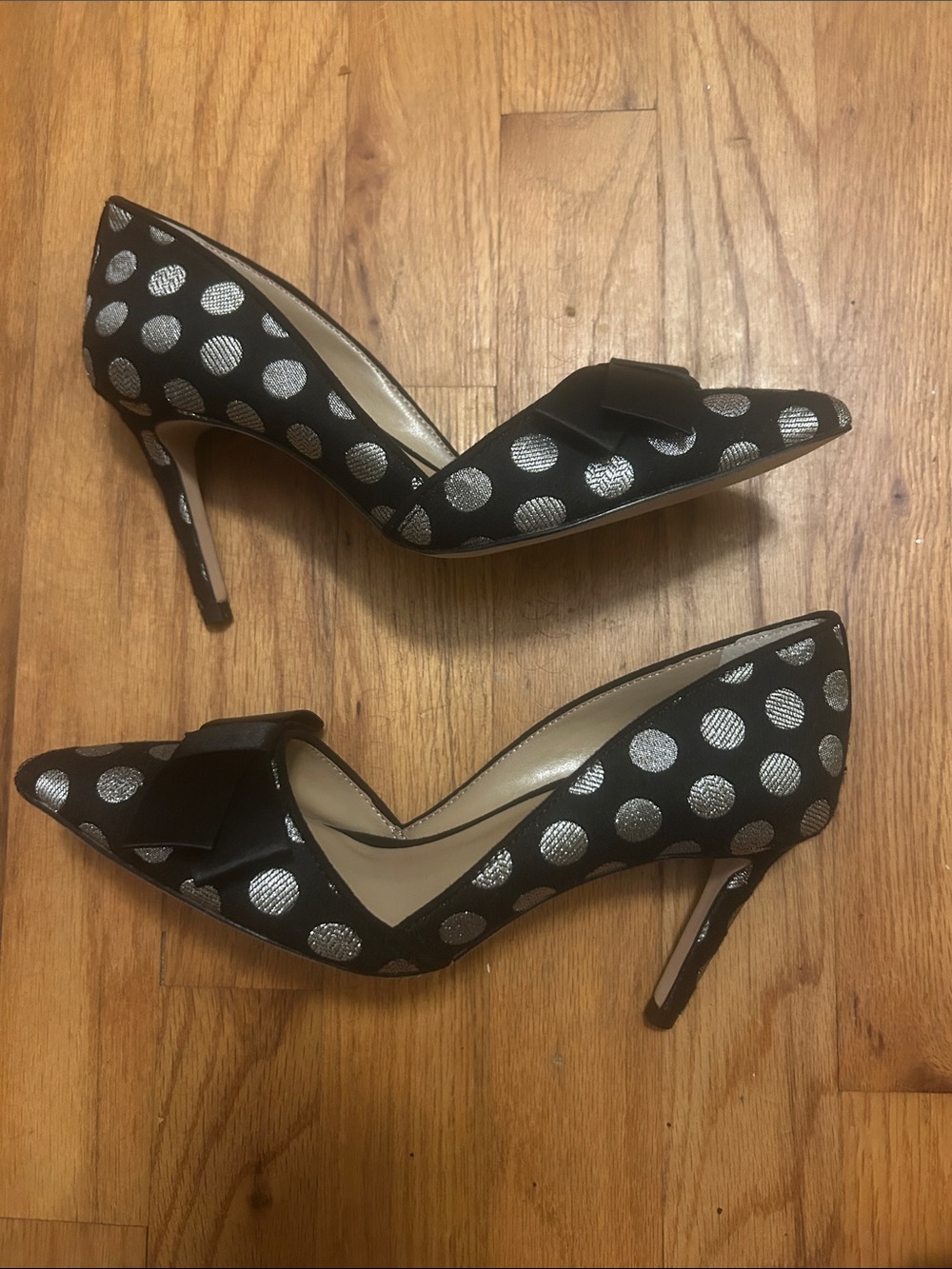 Ann Taylor Black Pumps with Silver Polka Dots and Bow Accent